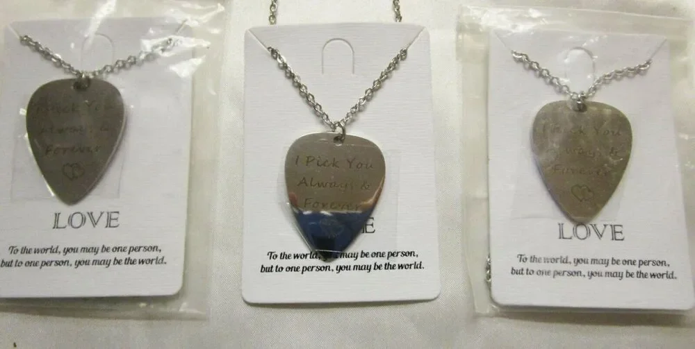 Lot 3 Pc Valentines Day Gift Love Engraved Guitar Pick Silvertone Necklace NEW